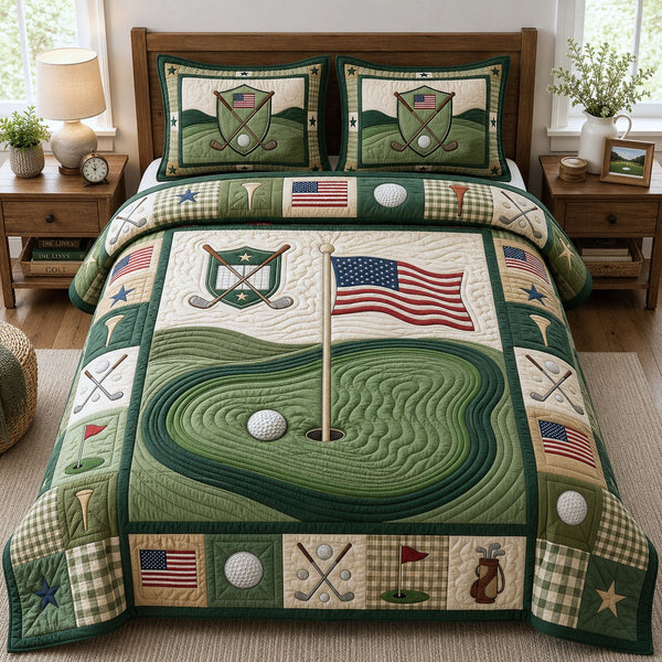 America Golf Club quilted 3-piece bedding set on a made bed in a warmly lit bedroom