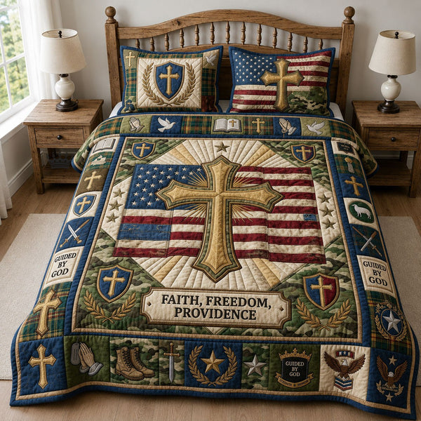Faith Freedom Providence quilted 3-piece bedding set on a made bed in a warmly lit bedroom