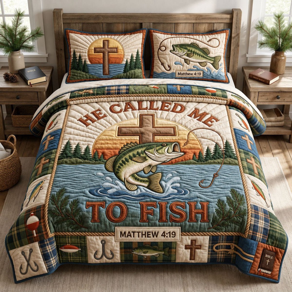 Called To Fish 3-Piece Quilted Bedding Set - Design 3 — quilt and two matching pillow shams