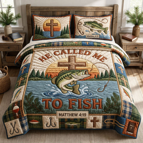 Called To Fish quilted 3-piece bedding set on a made bed with two matching pillow shams