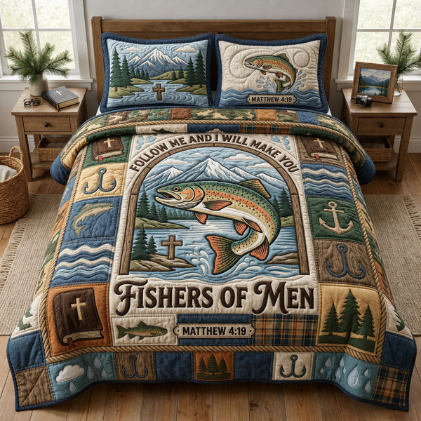 Fisher Of Men quilted 3-piece bedding set on a made bed with two matching pillow shams