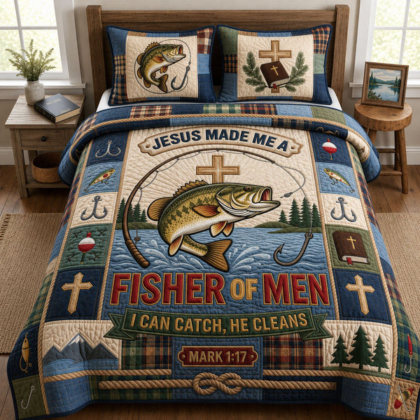 Fisher Of Men quilted 3-piece bedding set on a made bed with two matching pillow shams