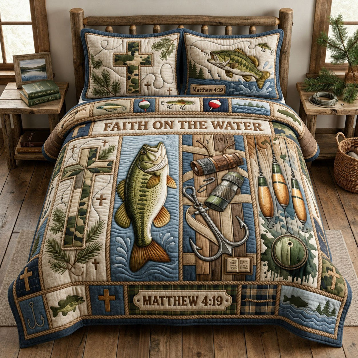 Camo Cross Fishing 3-Piece Quilted Bedding Set - Design 2 — quilt and two matching pillow shams