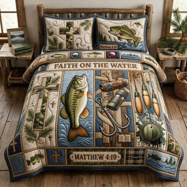 Camo Cross Fishing quilted 3-piece bedding set on a made bed in a softly lit bedroom