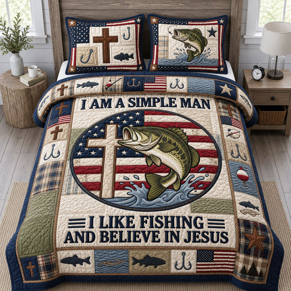 Fishing And Jesus quilted 3-piece bedding set on a made bed in a softly lit bedroom