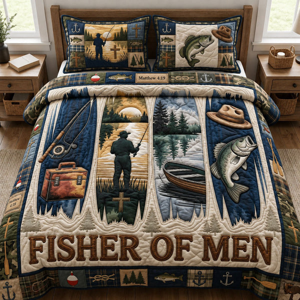 Fisher Of Men quilted 3-piece bedding set on a made bed with two matching pillow shams