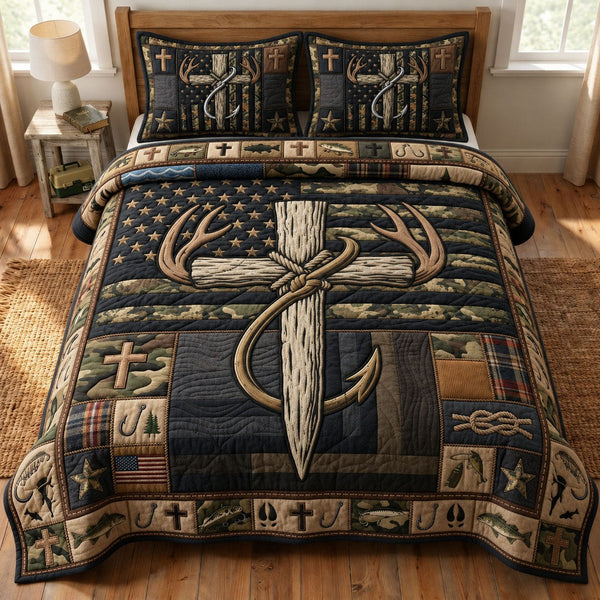 Deer Antlers Cross Fishing quilted 3-piece bedding set on a made bed in a softly lit bedroom