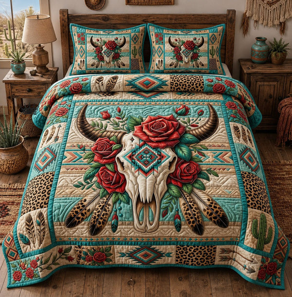 Boho Floral Cow Skull quilted 3-piece bedding set on a made bed against a dark styled interior