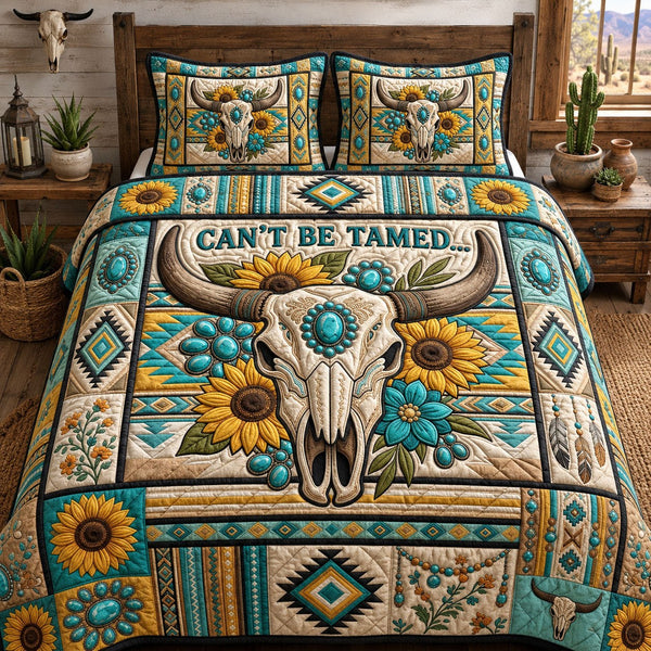 Cant Be Tamed quilted 3-piece bedding set on a made bed with two matching pillow shams