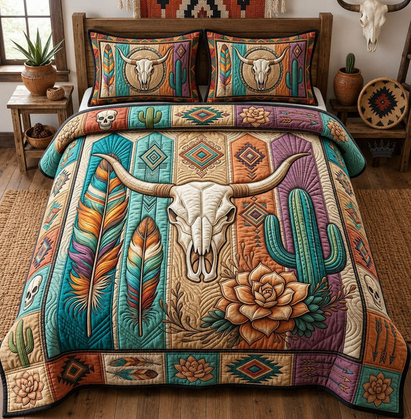 Boho Western quilted 3-piece bedding set on a made bed in a rustic timber bedroom