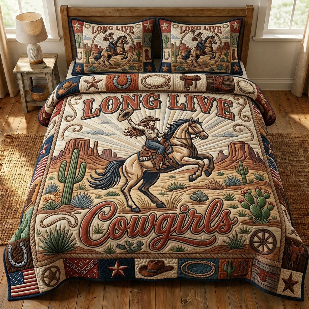 Cowgirl Riding Horse 3-Piece Quilted Bedding Set - Design 1 — quilt and two matching pillow shams