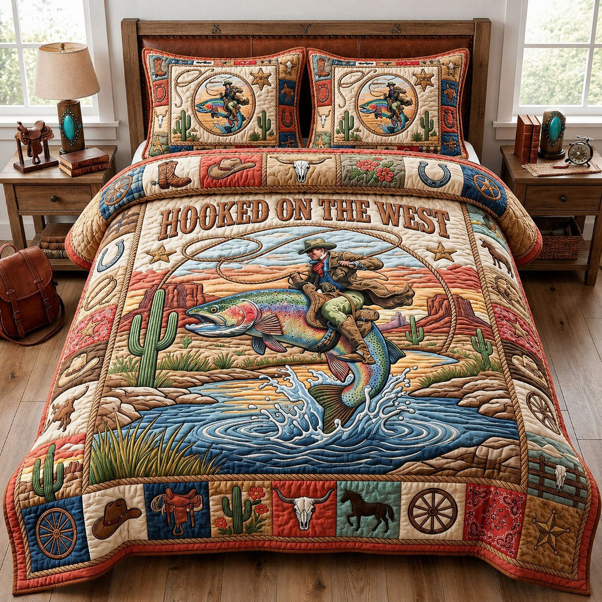Cowboy Riding Rainbow Trout 3-Piece Quilted Bedding Set — quilt and two matching pillow shams