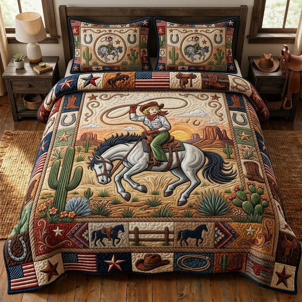 Cowgirl Riding Horse 3-Piece Quilted Bedding Set - Design 2 — quilt and two matching pillow shams