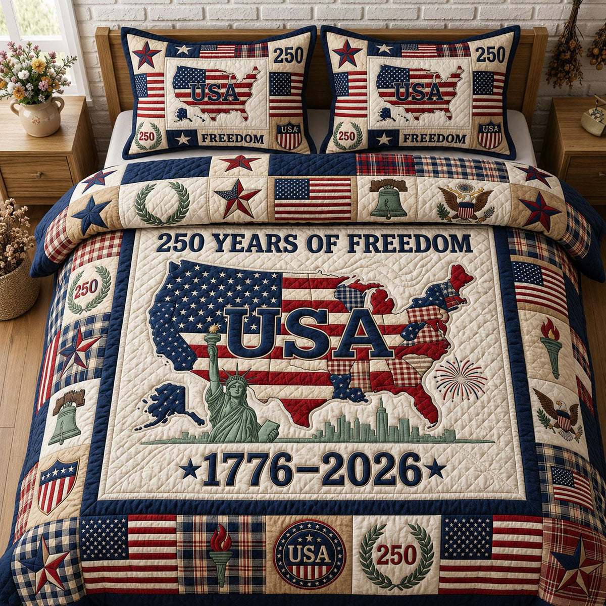 250 Years Of Freedom 3-Piece Quilted Bedding Set - Design 1 — quilt and two matching pillow shams