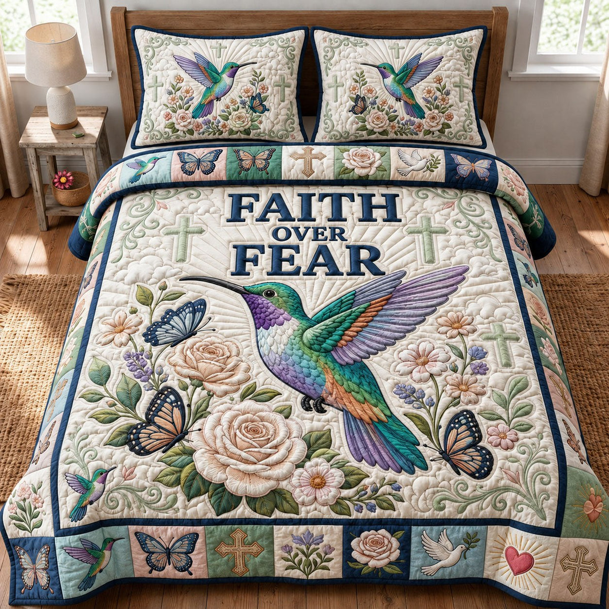 Faith Over Fear 3-Piece Quilted Bedding Set - Design 2 — quilt and two matching pillow shams