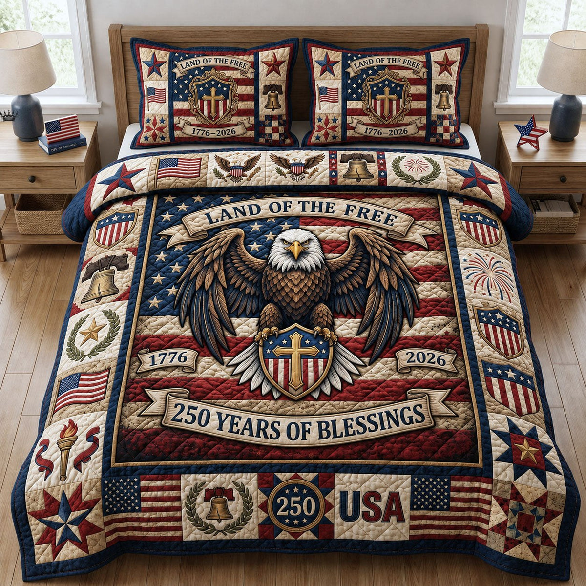250 Years Of Blessings 3-Piece Quilted Bedding Set - Design 1 — quilt and two matching pillow shams