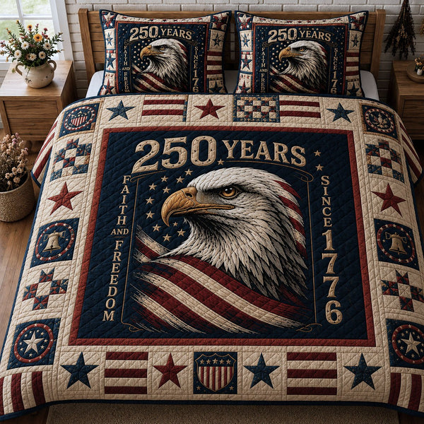 Faith And Freedom quilted 3-piece bedding set on a made bed in a warmly lit bedroom