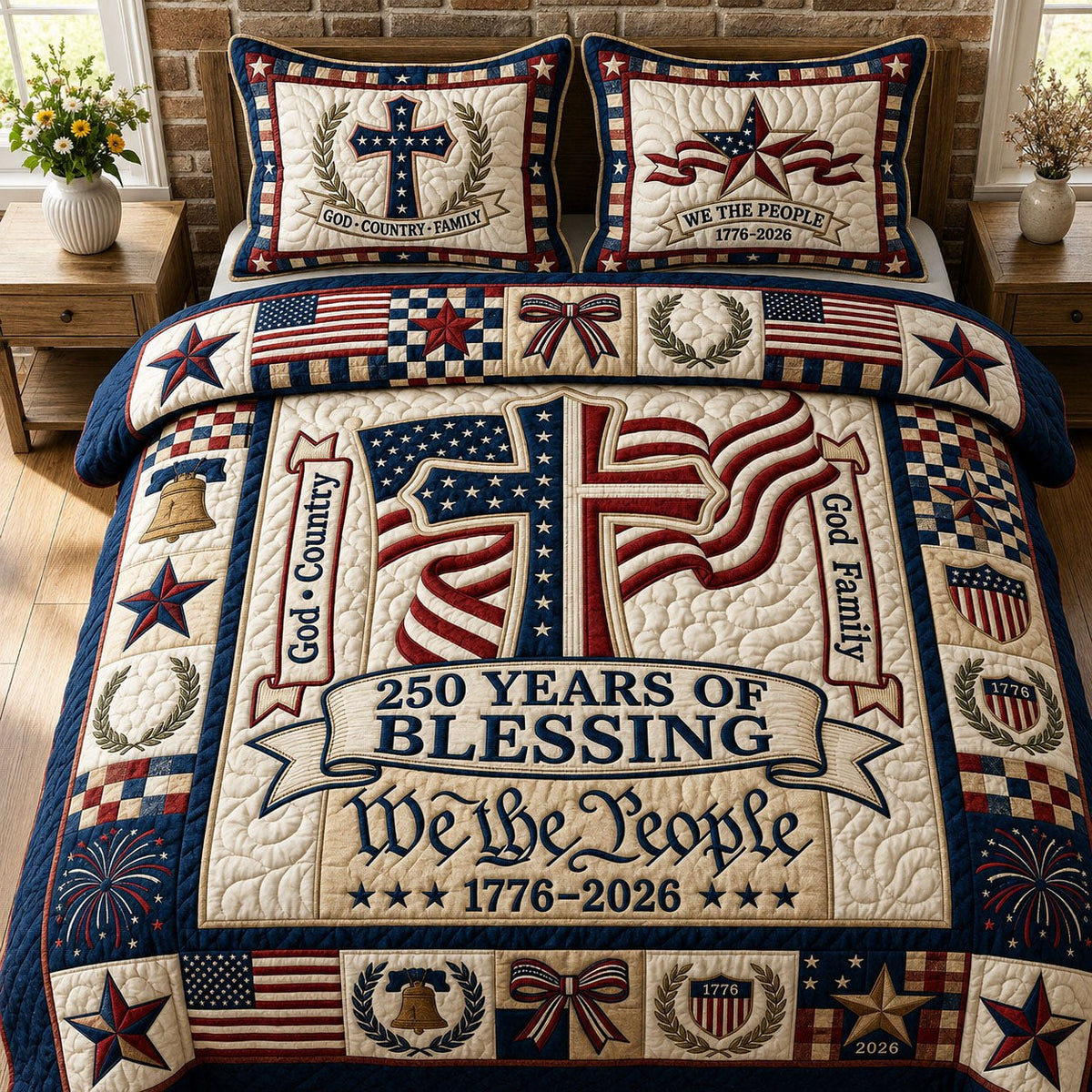 250 Years Of Blessings 3-Piece Quilted Bedding Set - Design 2 — quilt and two matching pillow shams