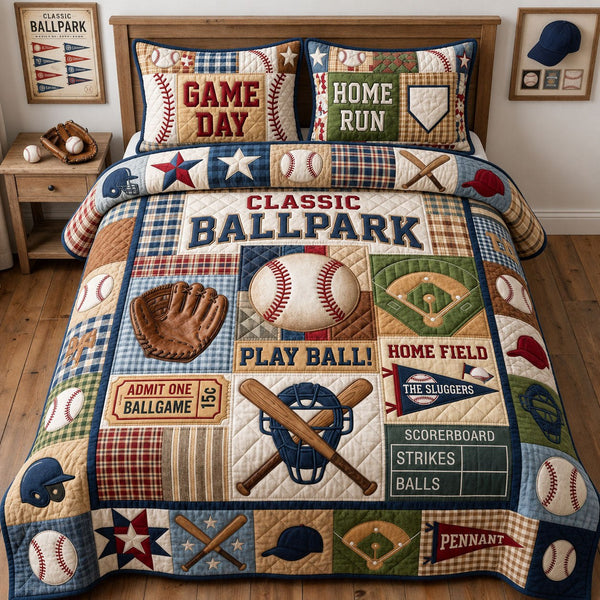 Baseball Season quilted 3-piece bedding set on a made bed with two matching pillow shams
