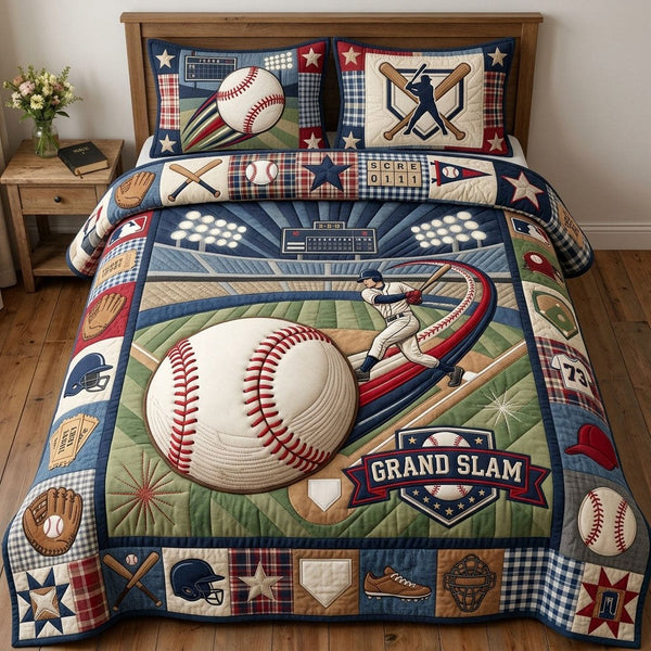 Baseball Grand Slam quilted 3-piece bedding set on a made bed with two matching pillow shams