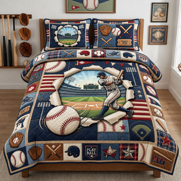Baseball Stadium Portal quilted 3-piece bedding set on a made bed with two matching pillow shams
