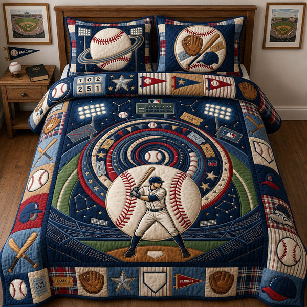 Baseball Universe Vortex quilted 3-piece bedding set on a made bed in a softly lit bedroom
