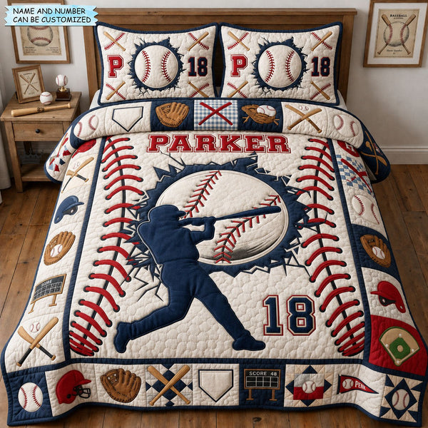 Baseball Grand Slam 3-Piece Quilted Bedding Set QTCUZ - Design 1 quilted 3-piece bedding set on a made bed with two matching pillow shams