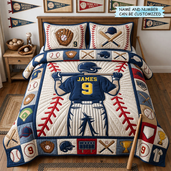 Basebal Player 3-Piece Quilted Bedding Set QTCUZ - Design 1 quilted 3-piece bedding set on a made bed with two matching pillow shams