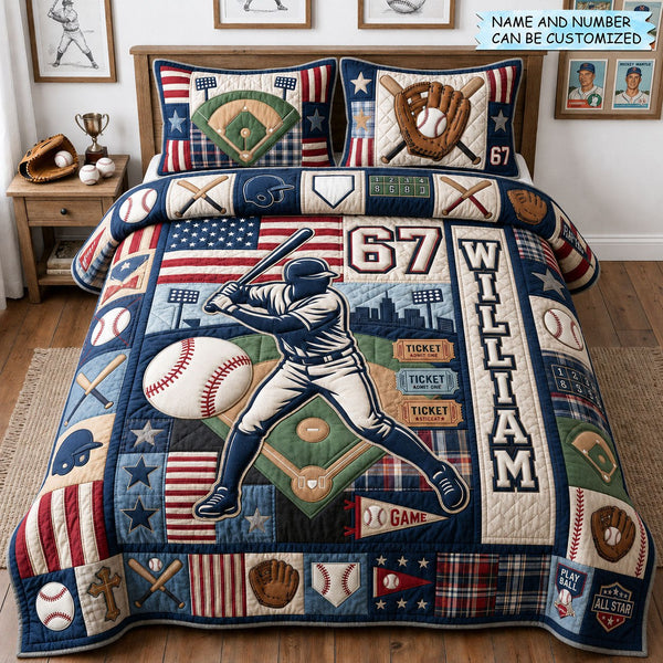 Baseball Grand Slam 3-Piece Quilted Bedding Set QTCUZ - Design 2 quilted 3-piece bedding set on a made bed with two matching pillow shams