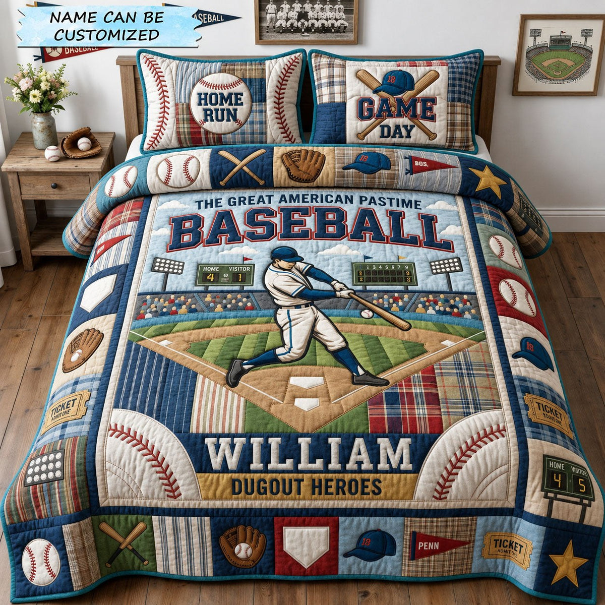 Baseball Heroes 3-Piece Quilted Bedding Set QTCUZ — quilt and two matching pillow shams