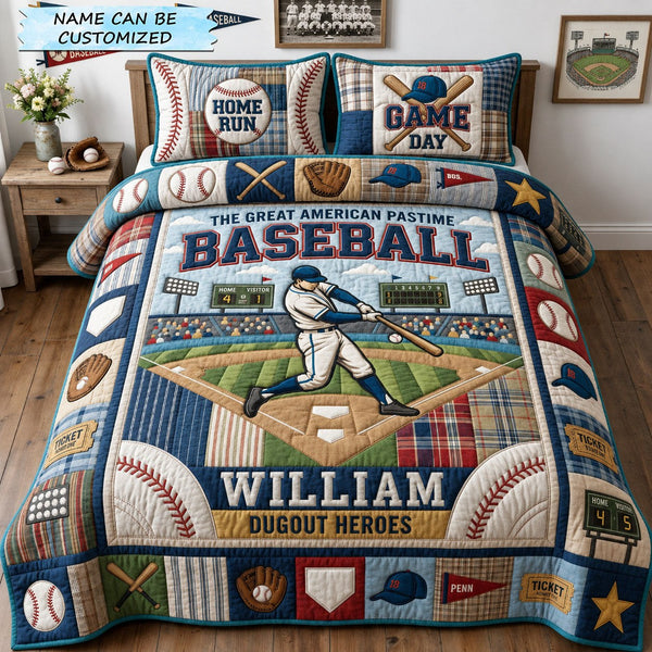 Baseball Heroes 3-Piece Quilted Bedding Set QTCUZ quilted 3-piece bedding set on a made bed with two matching pillow shams