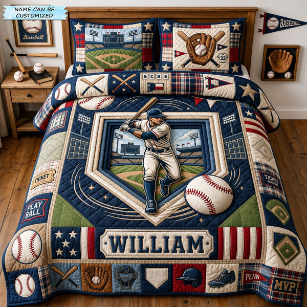 Baseball Grand Slam 3-Piece Quilted Bedding Set QTCUZ - Design 3 quilted 3-piece bedding set on a made bed with two matching pillow shams