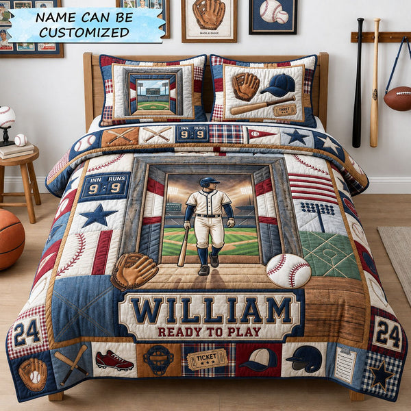 Baseball Ready To Play 3-Piece Quilted Bedding Set QTCUZ quilted 3-piece bedding set on a made bed with two matching pillow shams