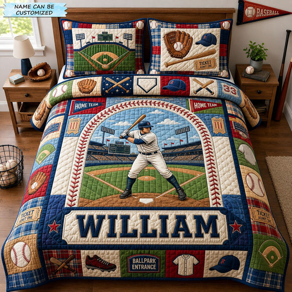 Basebal Player 3-Piece Quilted Bedding Set QTCUZ - Design 2 quilted 3-piece bedding set on a made bed with two matching pillow shams