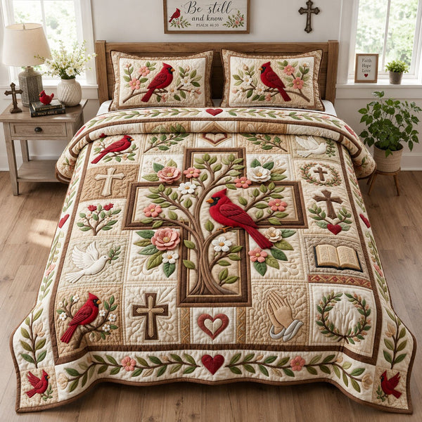 Cardinal Memorial Cross quilted 3-piece bedding set on a made bed in a softly lit bedroom