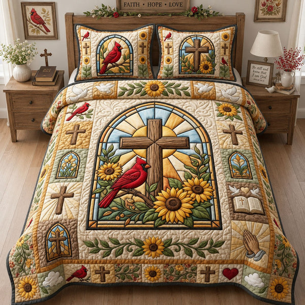 Cardinal Sunflower quilted 3-piece bedding set on a made bed with two matching pillow shams