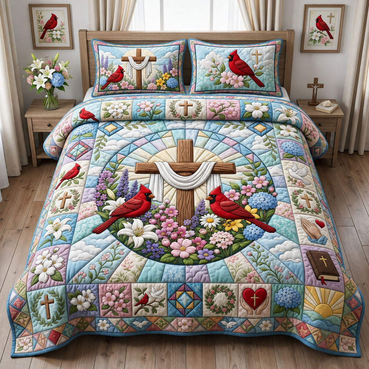 Cardinal Cross 3-Piece Quilted Bedding Set — quilt and two matching pillow shams