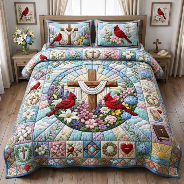 Cardinal Cross quilted 3-piece bedding set on a made bed in a softly lit bedroom