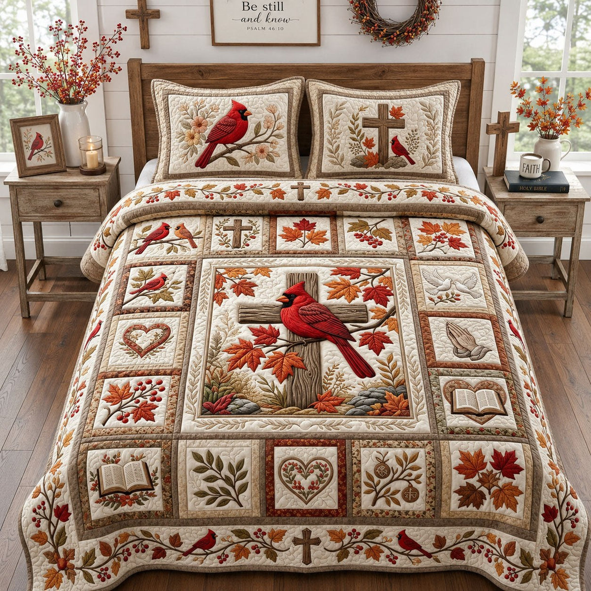 Fall Cardinal 3-Piece Quilted Bedding Set - Design 1 — quilt and two matching pillow shams