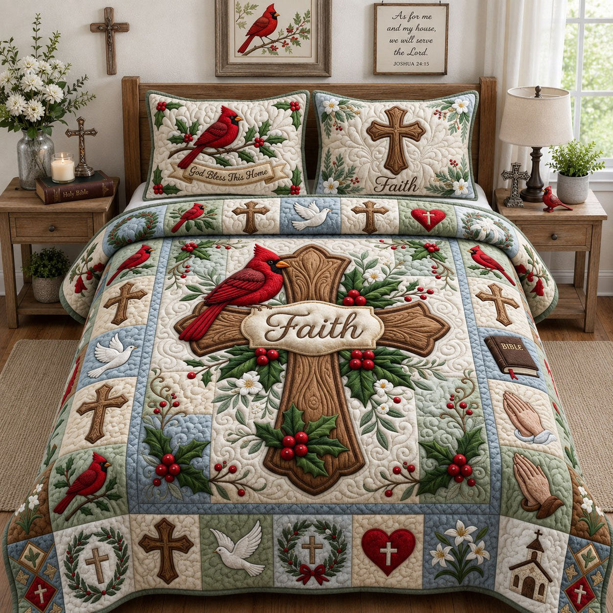 Cross Faith Cardinal 3-Piece Quilted Bedding Set - Design 1 — quilt and two matching pillow shams