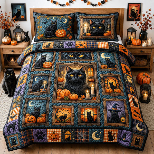Black Cat Halloween quilted 3-piece bedding set on a made bed against a dark styled interior
