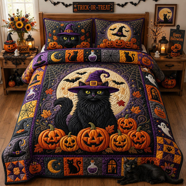 Black Cat Witch quilted 3-piece bedding set on a made bed against a dark styled interior