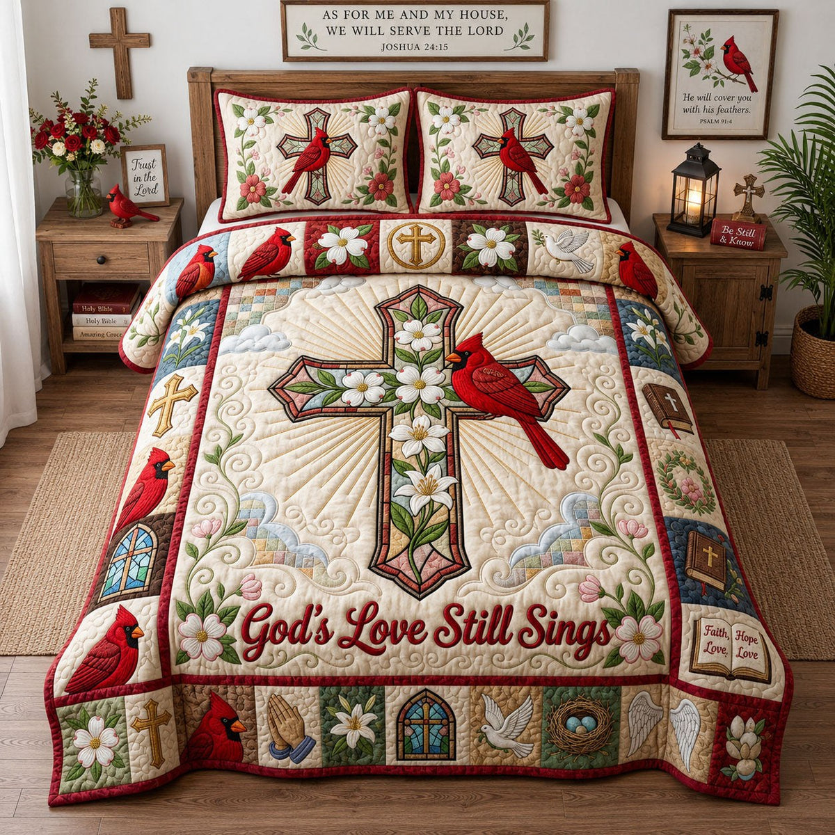 Cross Faith Cardinal 3-Piece Quilted Bedding Set - Design 4 — quilt and two matching pillow shams