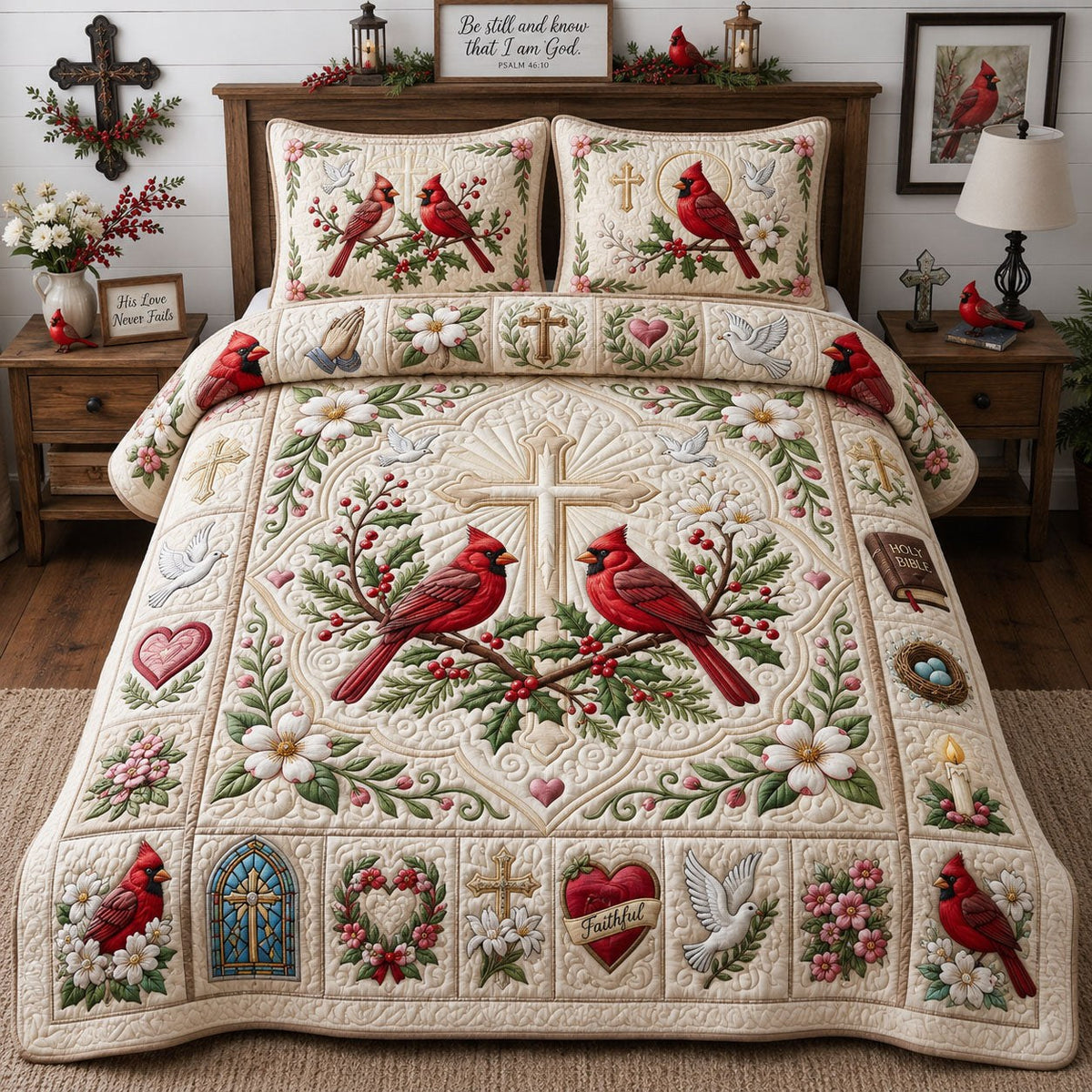 Cross Faith Cardinal 3-Piece Quilted Bedding Set - Design 5 — quilt and two matching pillow shams