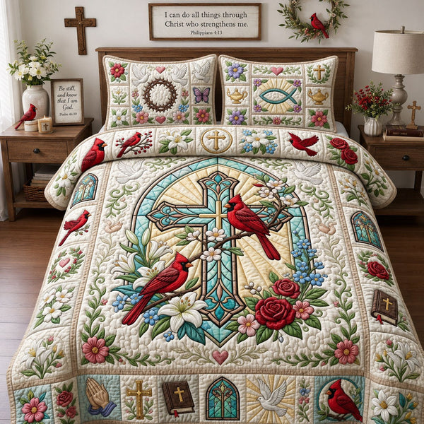 Cross Faith Cardinal 3-Piece Quilted Bedding Set - Design 6 — quilt and two matching pillow shams