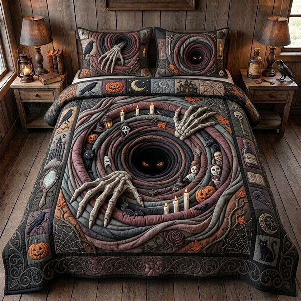 Death Vortex quilted 3-piece bedding set on a made bed with two matching pillow shams