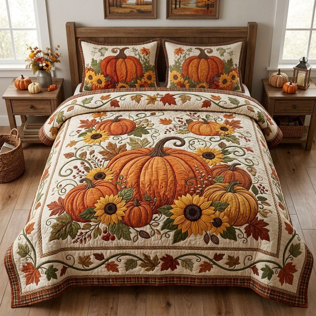 Autumn Pumpkin 3-Piece Quilted Bedding Set - Design 1 — quilt and two matching pillow shams