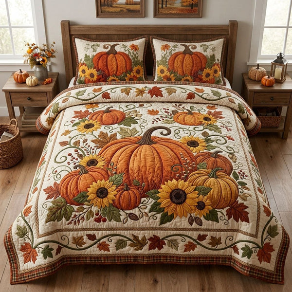 Autumn Pumpkin quilted 3-piece bedding set on a made bed against a dark styled interior