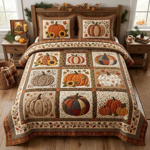 Autumn Pumpkin quilted 3-piece bedding set on a made bed against a dark styled interior