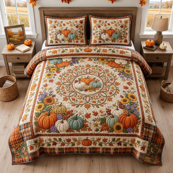 Autumn Pumpkin quilted 3-piece bedding set on a made bed against a dark styled interior